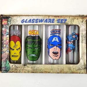 MARVEL Set of 4 2 Oz glasses: Hulk, Capt. AMERICA, Iron Man, 2010